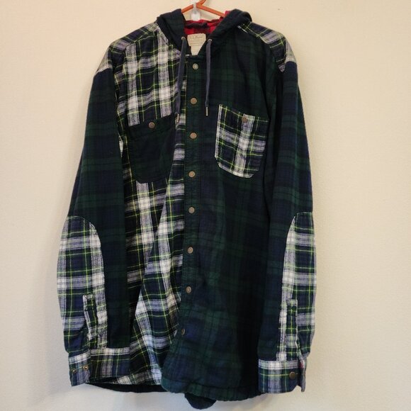 LL Bean Men XXL/TL Shacket Patchwork Plaid Fleece Flannel Hoodie Outdoor Sporty - Picture 1 of 16
